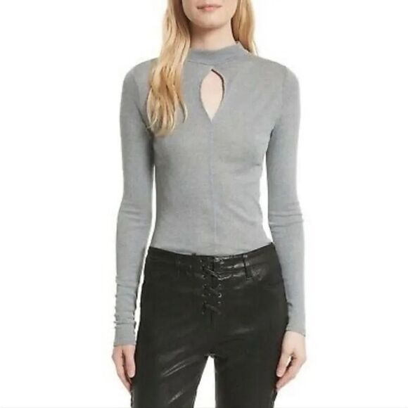 FRAME Silk Long Sleeve Mock Neck Keyhole Top Gray Size M - Picture 1 of 11